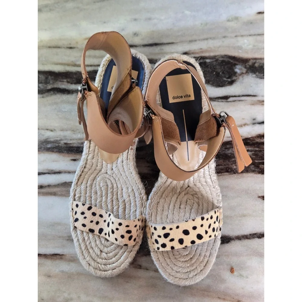 Dolce Vita Cheetah Print‎ Calf Hair Espadrille Wedge Sandals Tan Leather Ankle 9